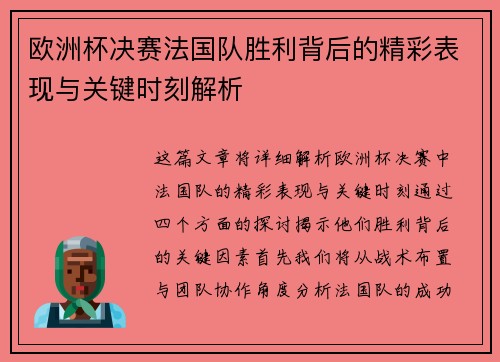 欧洲杯决赛法国队胜利背后的精彩表现与关键时刻解析