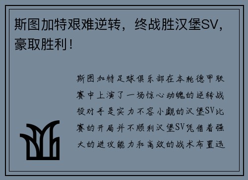 斯图加特艰难逆转，终战胜汉堡SV，豪取胜利！